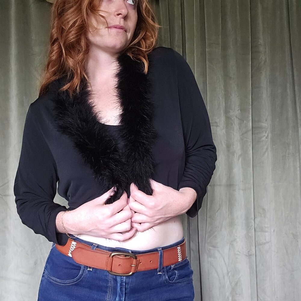 y2k McBling Gothic Alt Vampire Preppy Calvin Klein Black Feathered Open Cardigan